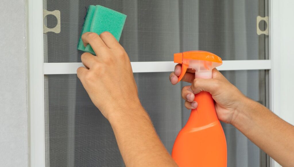 Esperta pulisce zanzariera con spugna e detergente,